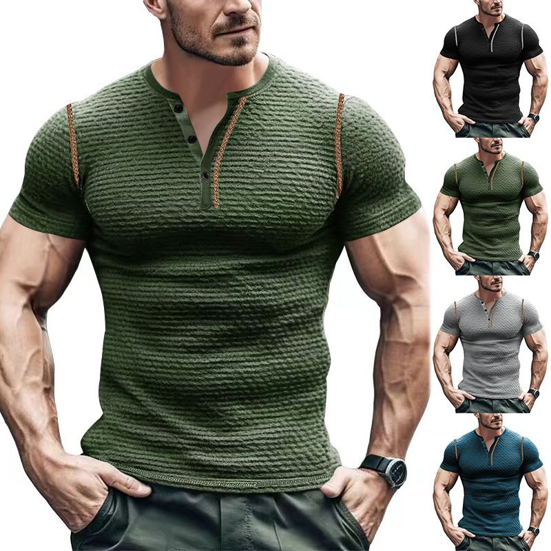 Unbeatable Quality Summer Sports Fitness Slim Fit Breathable Short Sleeved Muscle Henry Shirt Men's T-shirt_voghion.com