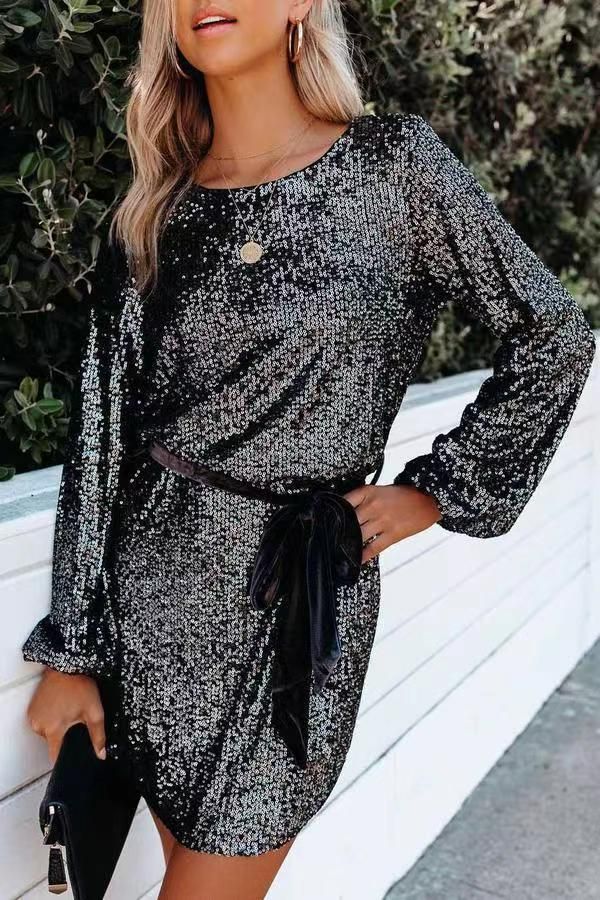 Women's Clothing Autumn Slim Lantern Sleeve Round Neck Belt Sequin Dress_voghion.com