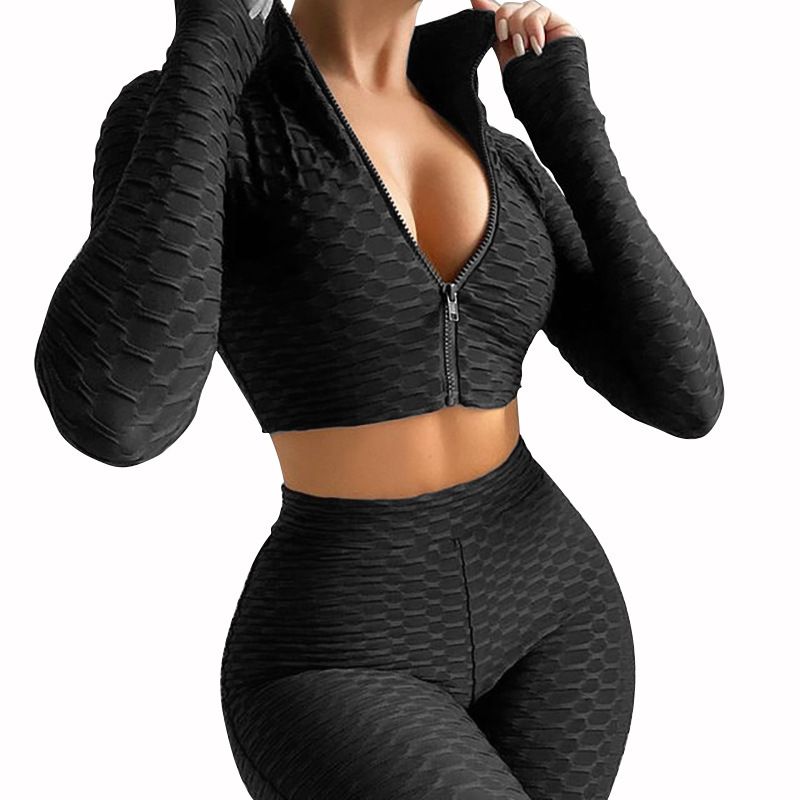 Trendy effen trainingspak met ananasprint voor dames – bijpassende casual outfit met lange mouwen (S/M/L/XL/XXL)_voghion.com