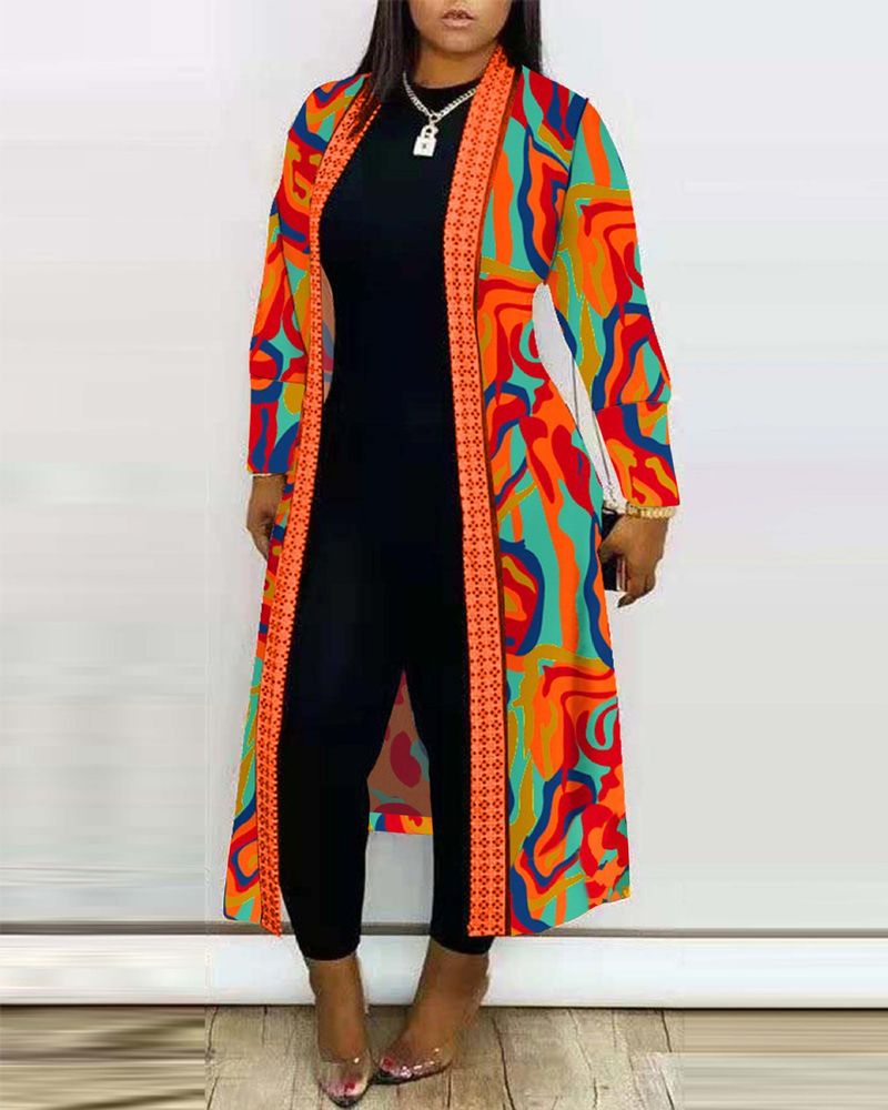 Women's Autumn New Long Sleeve Cardigan Unique Printed Shawl Trench Coat_voghion.com