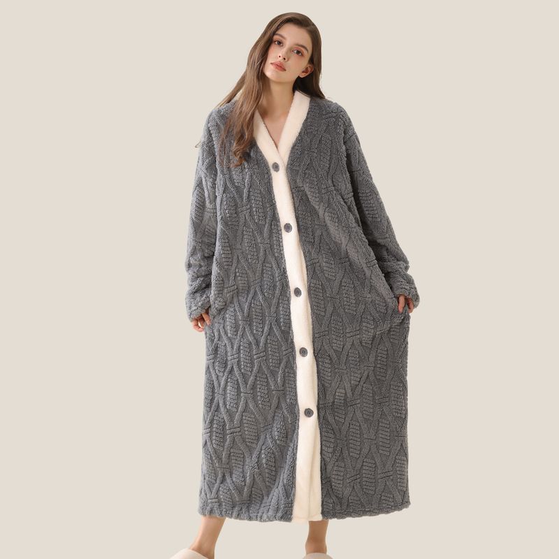 Jacquard Shu Cotton Lint Home Nightgown Nightgown Long Sleeve Warm And Comfortable Home Clothes Can Be Worn Outside Nightgown_voghion.com