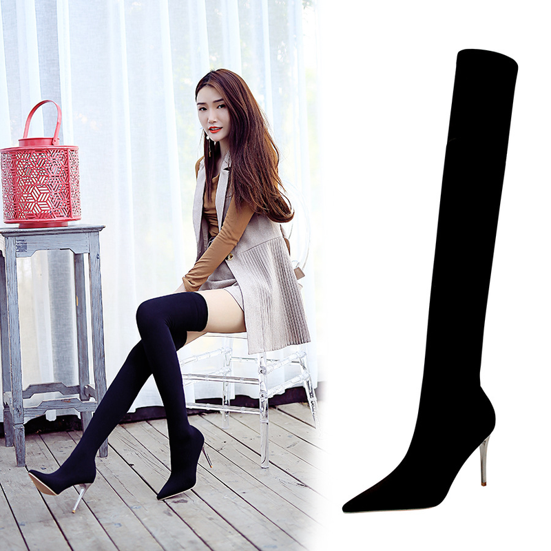 9611-1 Style Women's Thin High Heel Nightclub Slim Pointed Toe Pedicure Over-the-Knee Long Elastic Sock Boots_voghion.com