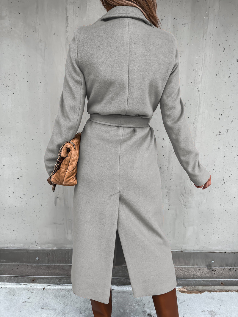 Damen-Trenchcoat aus Wolle mit einfarbigem Revers und langen Ärmeln und schlichter Schnürung_voghion.com