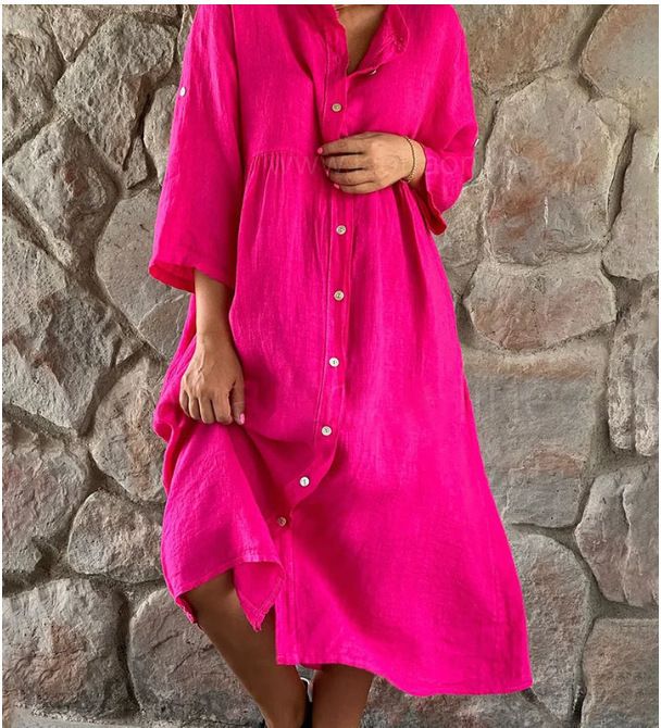 Vestito midi da donna in cotone e lino, casual, di grandi dimensioni, con bottoni, tinta unita, commercio estero all'ingrosso_voghion.com