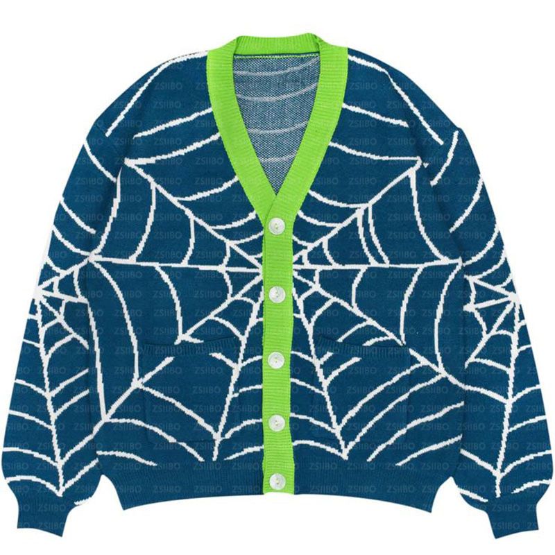 Cardigan rétro à imprimé toile d'araignée – Pull boutonné vintage Y2K (col en V unisexe, coupe oversize, 70 % acrylique, vert/noir/bleu/violet)_voghion.com