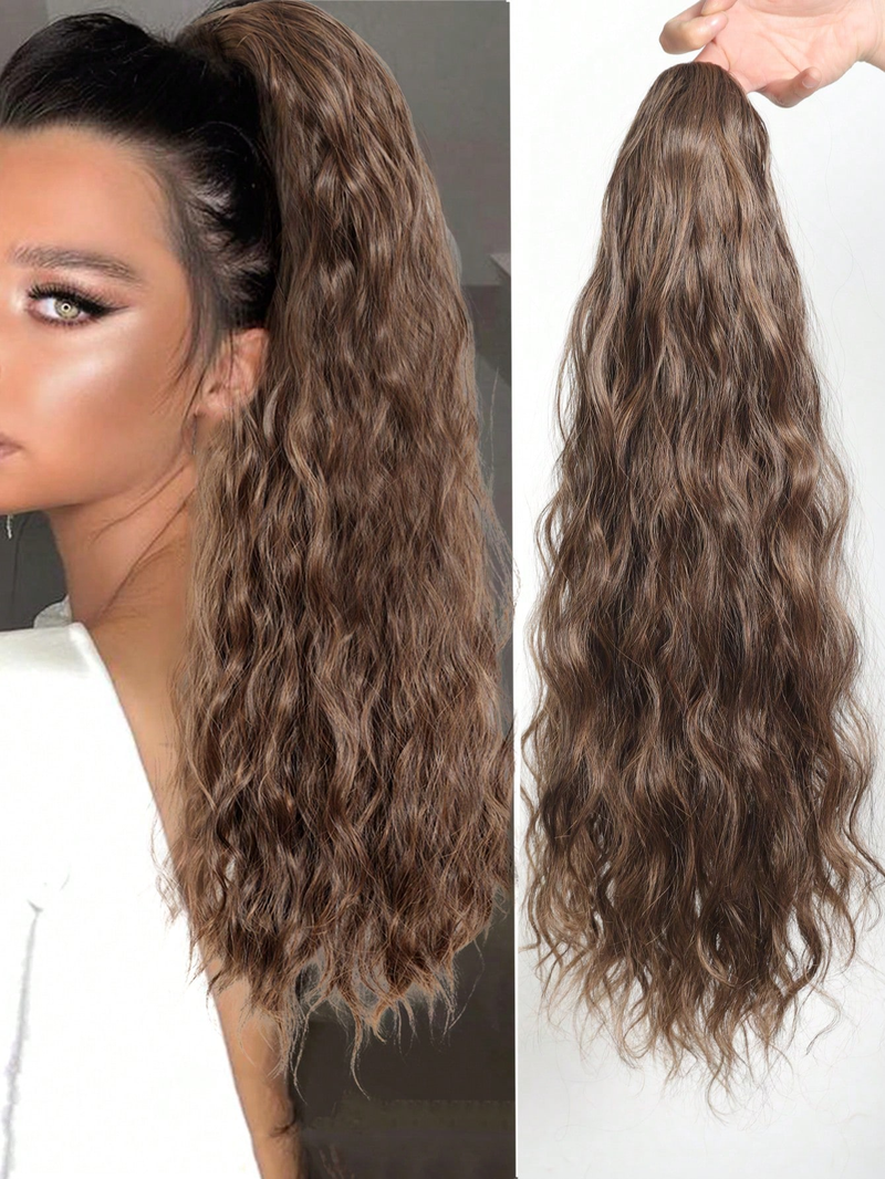 Synthetic Long Wavy Ponytail Hair Extension With Drawstring For Women, Clip-In Black Fake Hairpiece_voghion.com