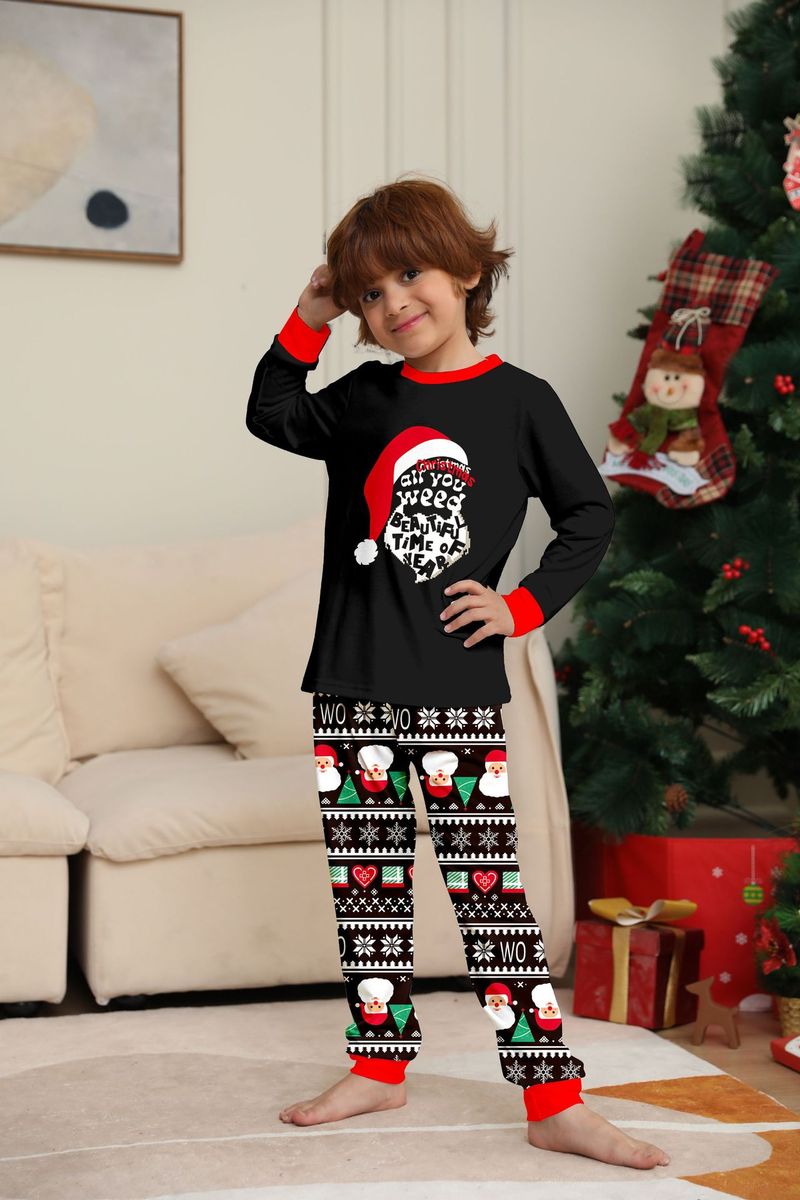 Flammhemmender Stoff Neue Kinderkleidung Weihnachtsmütze Buchstabendruck Heimkleidung für Jungen und Mädchen Langarmhose Schwarzer Pyjama_voghion.com
