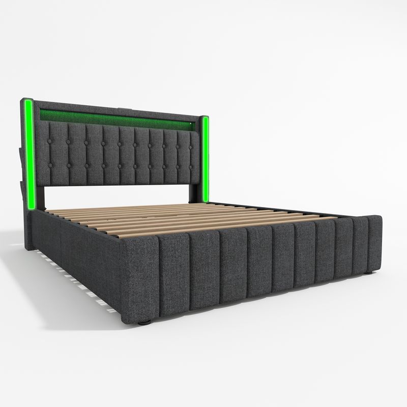 Lit double avec rangement et lattes en bois, chargement USB Type-C, éclairage LED et 4 tiroirs, gris (matelas non inclus). Lit enfant 140 x 200 cm._voghion.com
