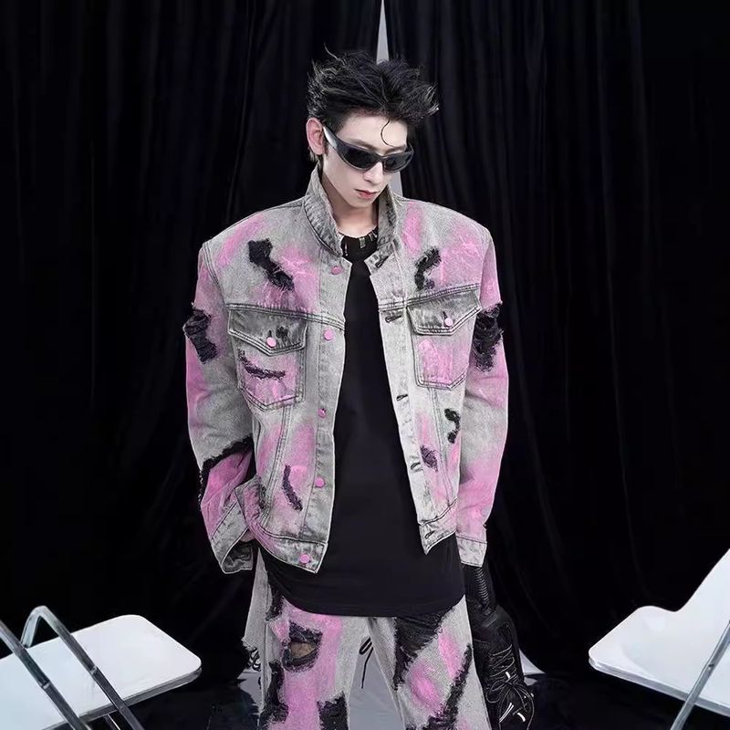 Suitable For All Seasons Post-Apocalyptic Style Men's Denim Street Graffiti Washed Vintage Distressed Spring Autumn Shoulder Pad Jacket Unisex_voghion.com