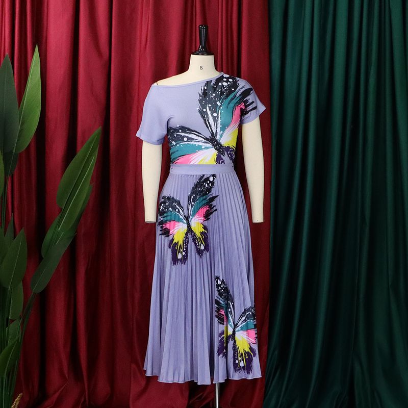 D298 Cross-border Women's Amazon Printed Top Pleated Large Skirt Skirt Set Large Size African Two-piece Set_voghion.com