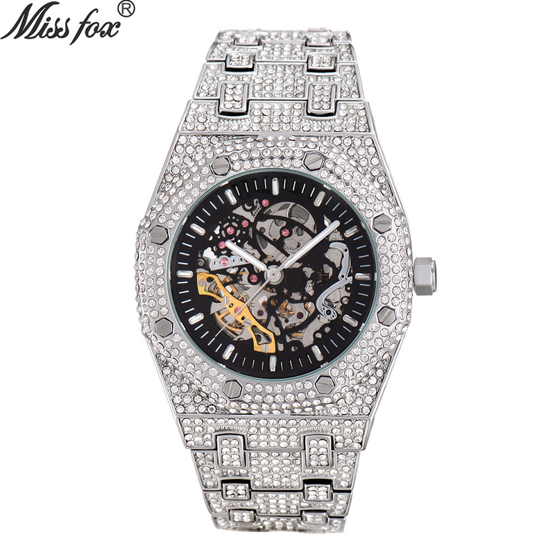 MISSFOX Full Diamond Hollow mechanische wasserdichte Herrenuhr aus leuchtendem Edelstahl_voghion.com