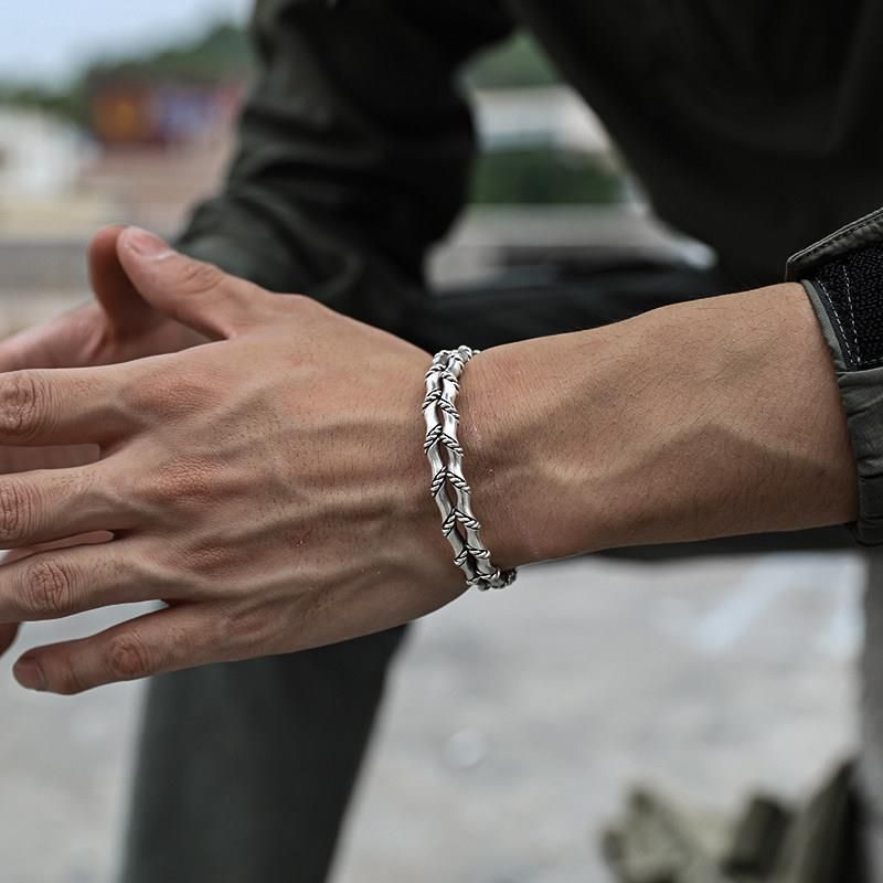 Bracciale rigido aperto unico da uomo, intrecciato a doppio strato in bambù cubano alla moda_voghion.com