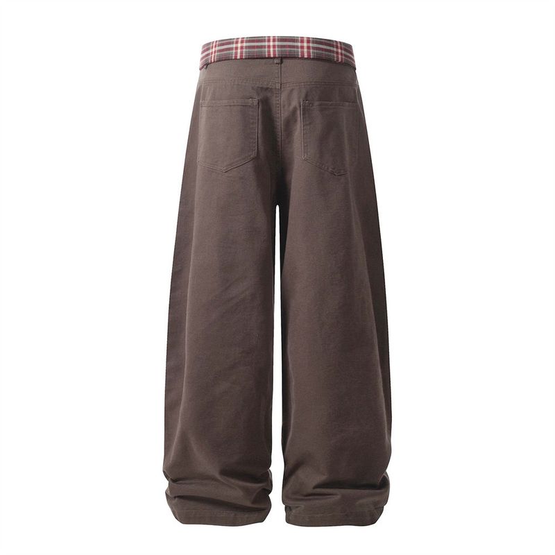 Loose Wide-Leg Denim A-Line Patchwork Waist Plaid Design Casual Pants Men INS High Street Fashion_voghion.com