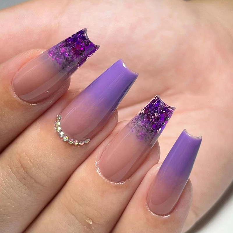 24 pezzi di unghie finte francesi con glitter blu con colla, unghie finte per balletto lungo, indossabile, stampa a bara sulle unghie, copertura completa_voghion.com