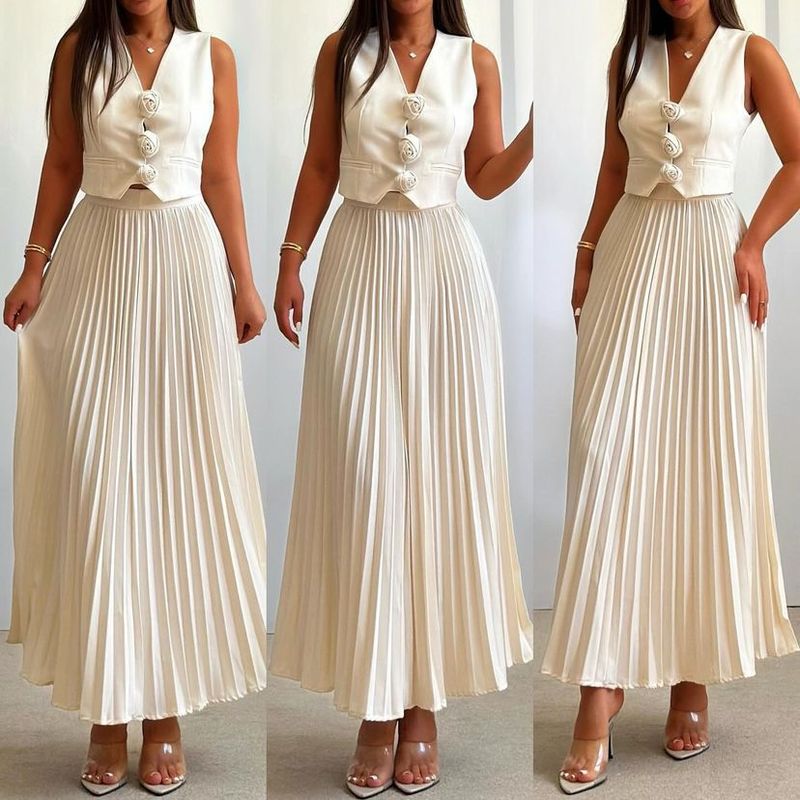 Damenbekleidung, neue Anzüge für Damen, Sommer, ärmellose Weste, halblanger, plissierter langer Rock, zweiteiliger Anzug_voghion.com