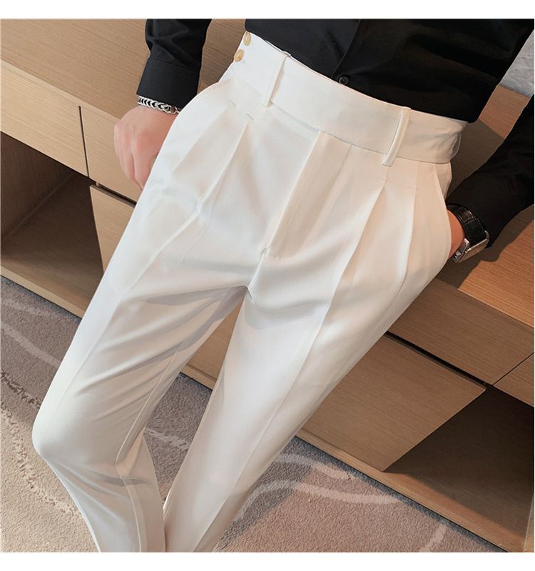 Pantaloni napoletani da uomo nuovi di zecca, in twill strutturato, con vita a pieghe, design casual a nove punte, vita media e alta_voghion.com
