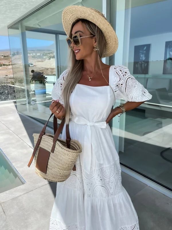 2024 verkäufe Neue Spitze Patchwork INS Casual Lose Taille Binden Up Kleid Für Frauen_voghion.com