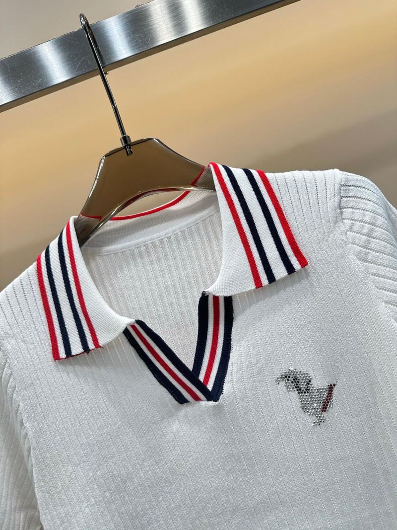 2025 Summer New Rhinestone Puppy Pattern Knitted Short Sleeve Turn-Down Collar Pullover Loose Versatile Women's Top_voghion.com