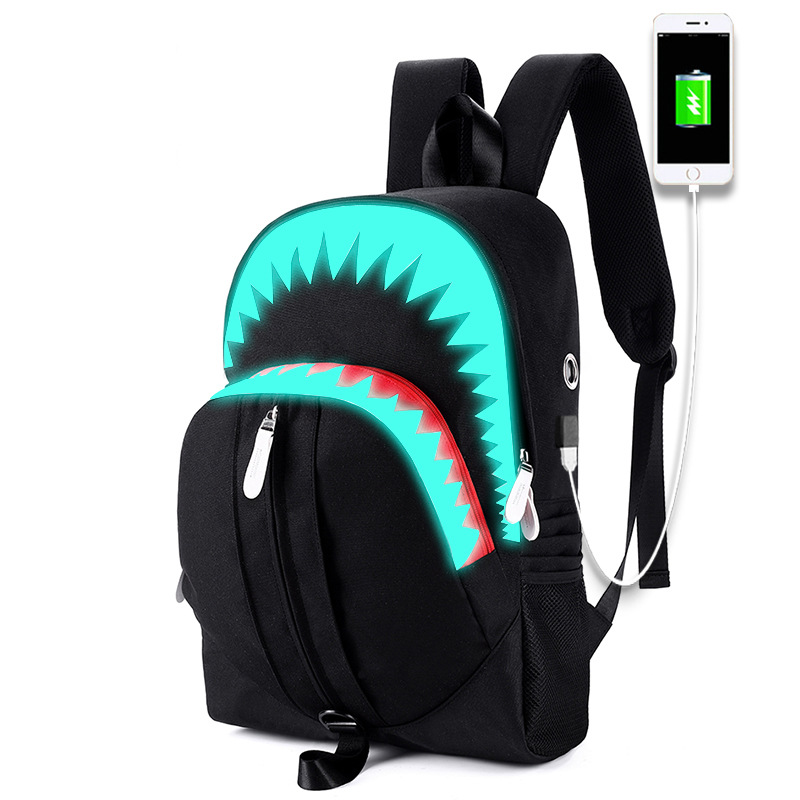 Nakts spīduma mugursoma vīriešiem ar lielu haizivs muti, USB funkcijas studentu mugursoma, personalizēts moderns stils, Guandžou_voghion.com