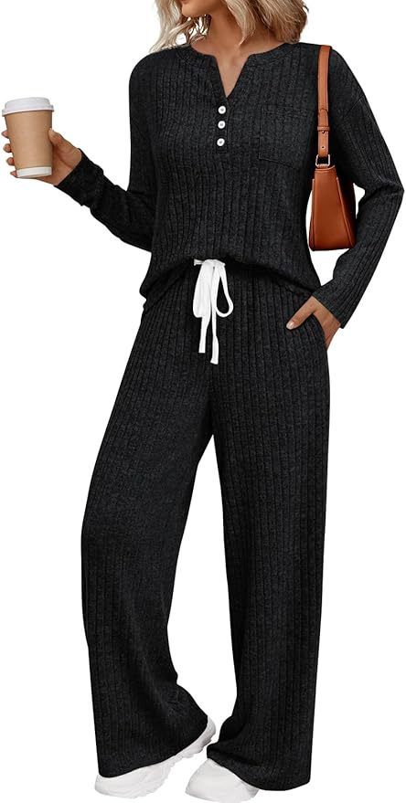 Ribbed Fleece Lounge Set – Cozy Long Sleeve Pajama Set (V-Neck & Pants) | Soft & Breathable (Multiple Colors)_voghion.com