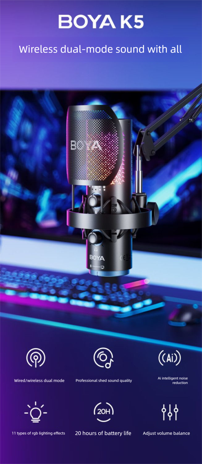 BOYA K5 Çift Modlu Mikrofon Bilgisayar USB Masaüstü Oyun Canlı Yayın Profesyonel Stüdyo Ses Kalitesi Aydınlatma_voghion.com