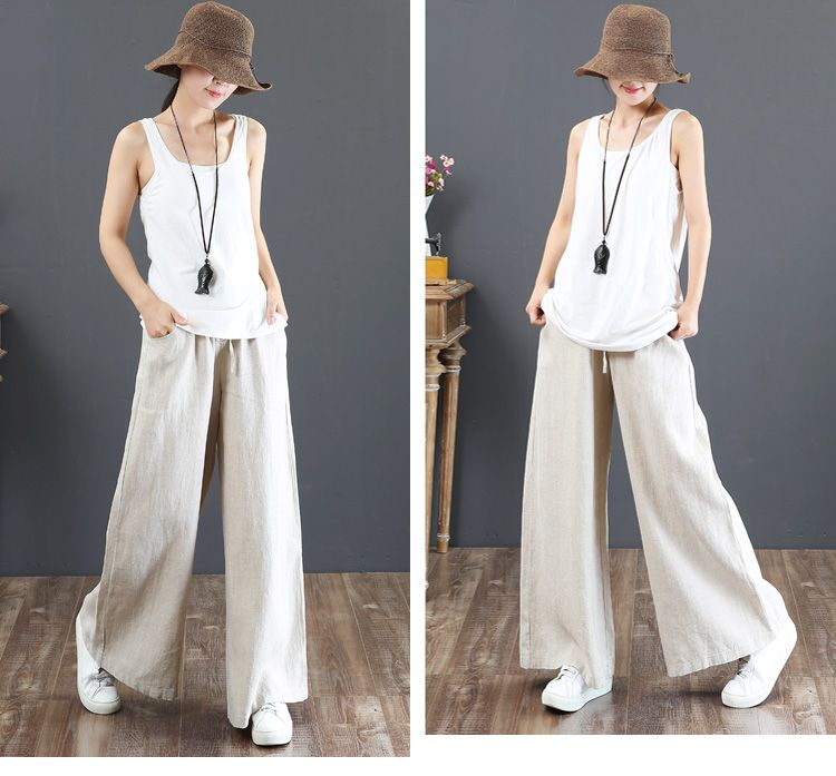2023 Spring Summer Korean Cotton Loose Plus Size Wide Leg High Waist Floor-Length Straight Linen Women's Pants_voghion.com