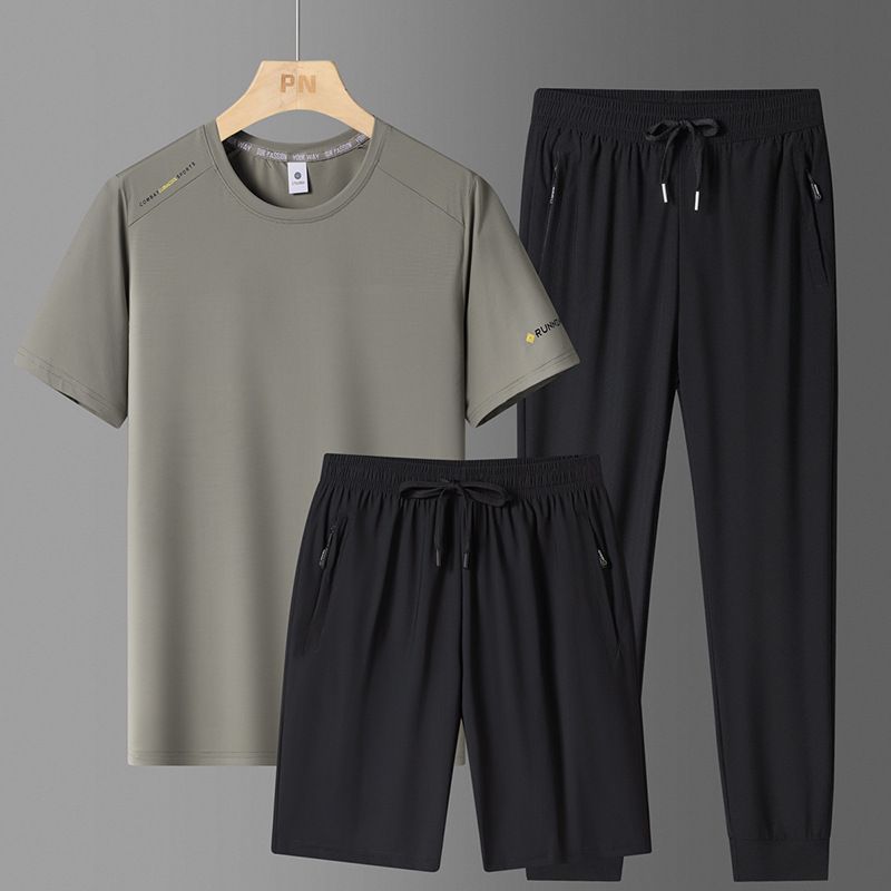 Ensemble de sport décontracté en soie glacée pour homme, t-shirt col rond grande taille, manches courtes à séchage rapide, pantalon long, trois pièces_voghion.com
