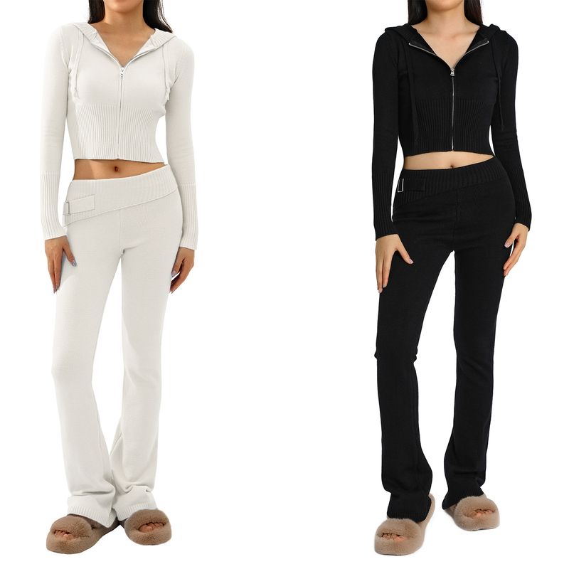Traje de punto con capucha para mujer, conjunto de dos piezas con pantalones de manga larga y cintura alta, sexy y moderno, estilo europeo y americano, 2023_voghion.com