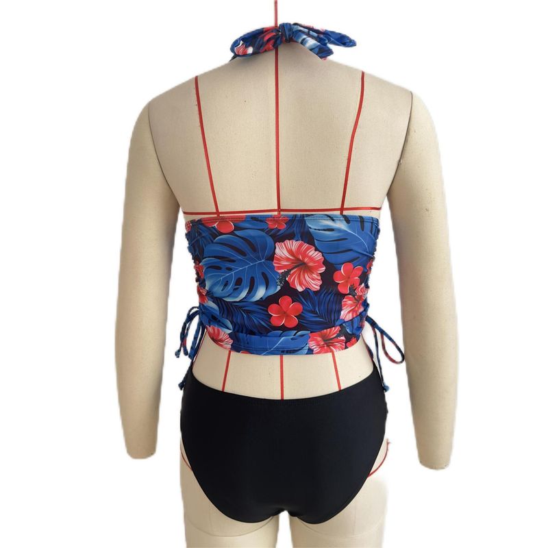 Zweiteilige Einzelteile Zweiteiliger Badeanzug für Damen Neckholder-Krawatten-Print Kordelzug-Design Schmaler Slip-Bikini_voghion.com