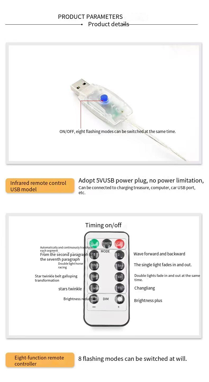 Guirlande lumineuse LED de 3 m en fil de cuivre, USB, 8 fonctions, petite guirlande lumineuse colorée pour Noël, ambiance décorative_voghion.com