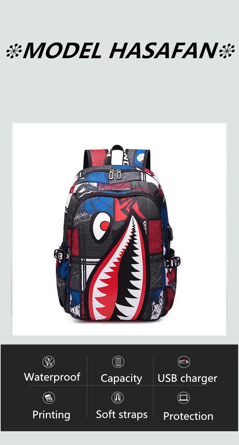 Elementary Bookbag Travel Rucksack Cartoon Shark Print Primary School Student Satchel Backpack Mochila Infantil_voghion.com