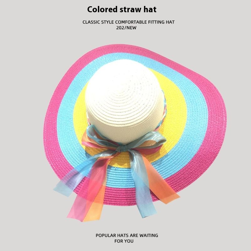 Pdmcms European and American Style Women's Color Blocked Lace Ribbon Large Brim Straw Hat Elegant Vacation Style Sun Shading Beach Hat_voghion.com