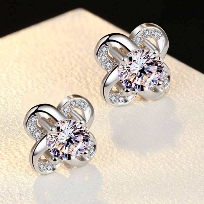 Sier needle four leaf clover wer shaped fashionable temperament micro dia elegant female earrings_voghion.com