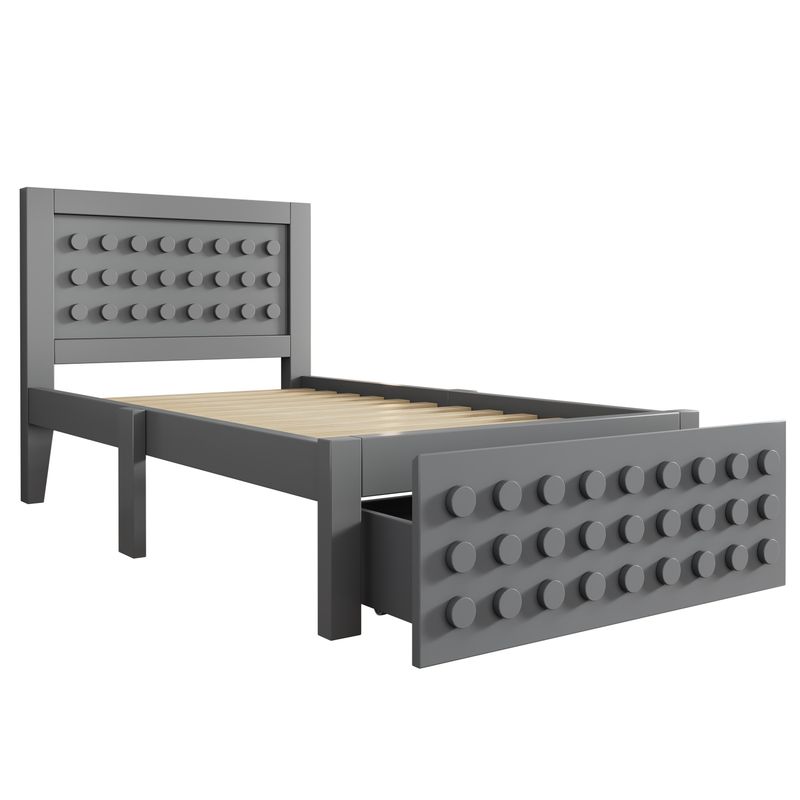Holzbett 90x200cm mit Blockdesign, Massivholz, Schubladen, Grau_voghion.com
