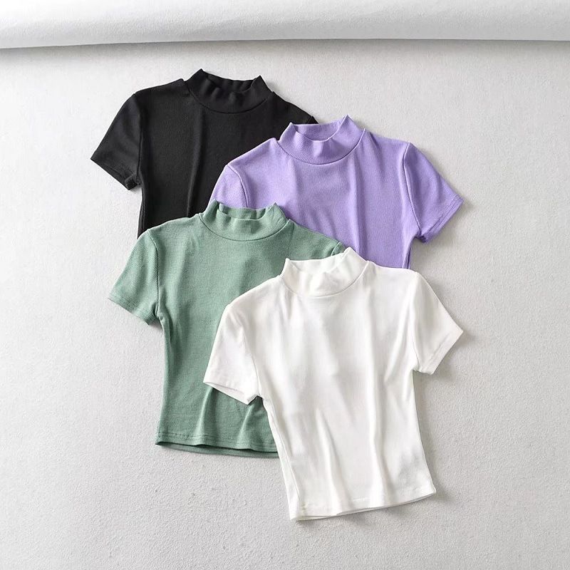 YPFF New Careful Machine Exposed Navel Half High Neck Short Sleeved T-shirt Women's Basic Versatile Slim Fit Top_voghion.com