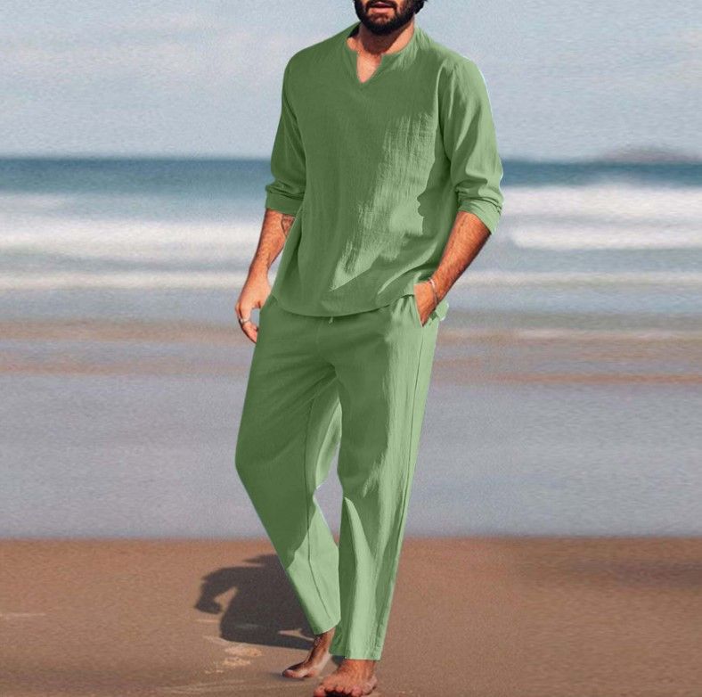 Abito casual da uomo in cotone e lino elasticizzato, tinta unita e con tasche_voghion.com