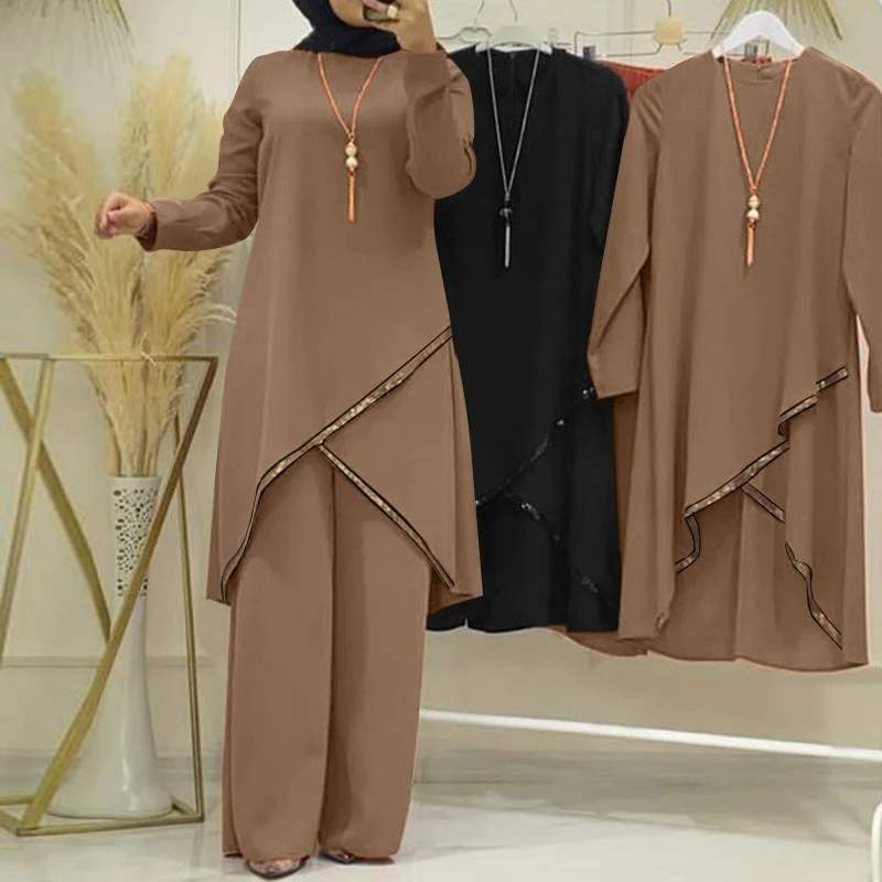 Women's Muslim two-piece long-sleeved O-neck long-sleeved shirt wide-leg pants suit casual solid women's suit_voghion.com