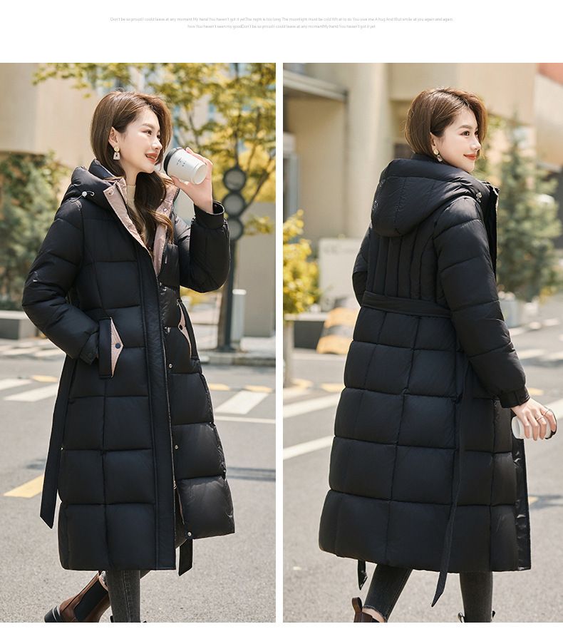 Casaco puffer longo bicolor com capuz e cinto – Jaqueta acolchoada slim fit (preto/café, tamanhos M-XXXL)_voghion.com