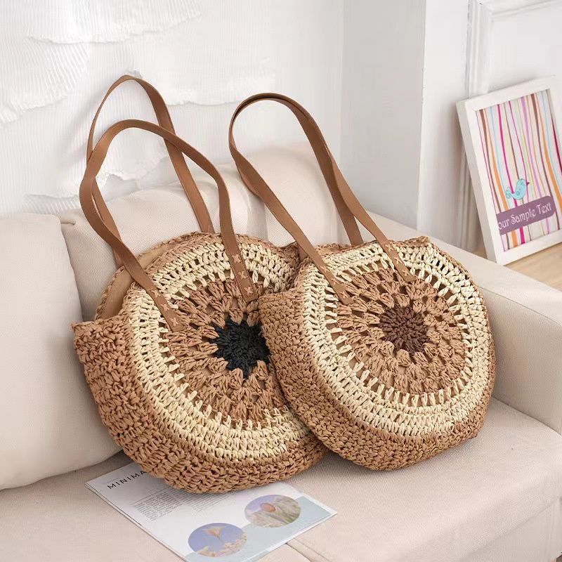 Borsa da donna rotonda in paglia cava intrecciata a mano con tracolla in rafia in rattan Borsa tote grande estiva bohémien_voghion.com