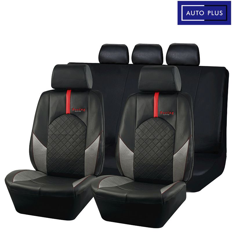 Capa de assento de carro em tecido com costura acolchoada em PVC preto, estampa de olho de pássaro, quatro estações, bordado universal com linha vermelha_voghion.com