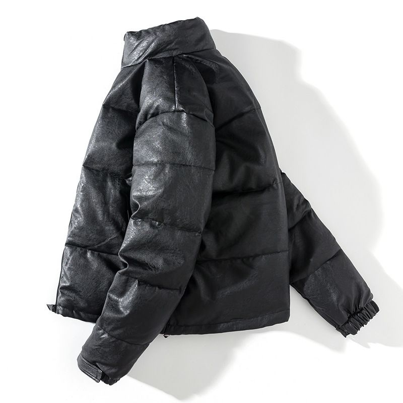 Vêtements de course d'automne et d'hiver en cuir PU pour hommes et femmes, vêtements épais et chauds en coton, col montant décontracté à la mode, saleté_voghion.com