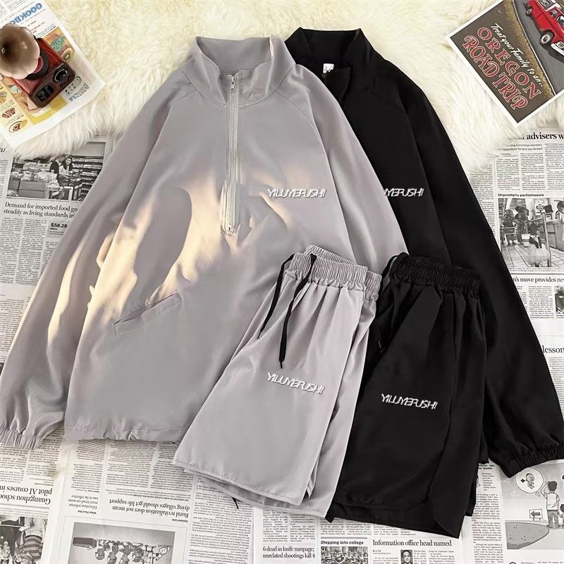Roupas masculinas terno casual verão secagem rápida proteção solar jaqueta solta shorts masculino moderno marca terno de duas peças_voghion.com