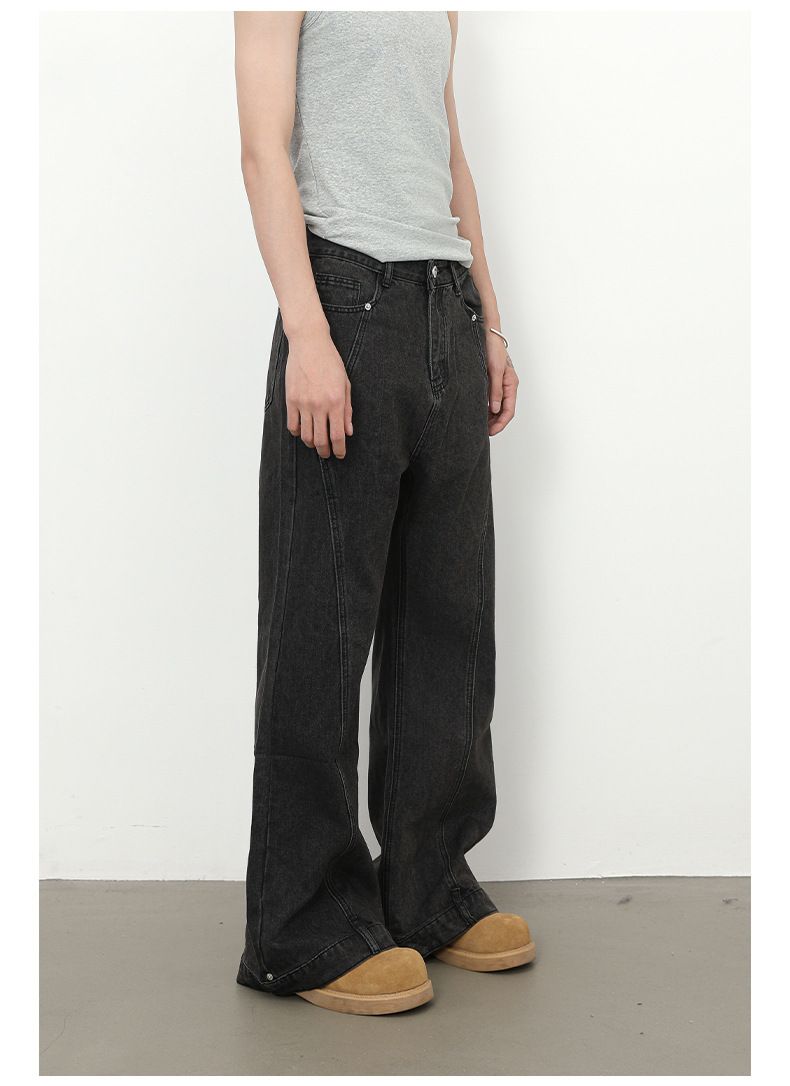Men's Clothing Trendy Retro Stitching Beaded Jeans Designed Loose Flared Straight Pants_voghion.com