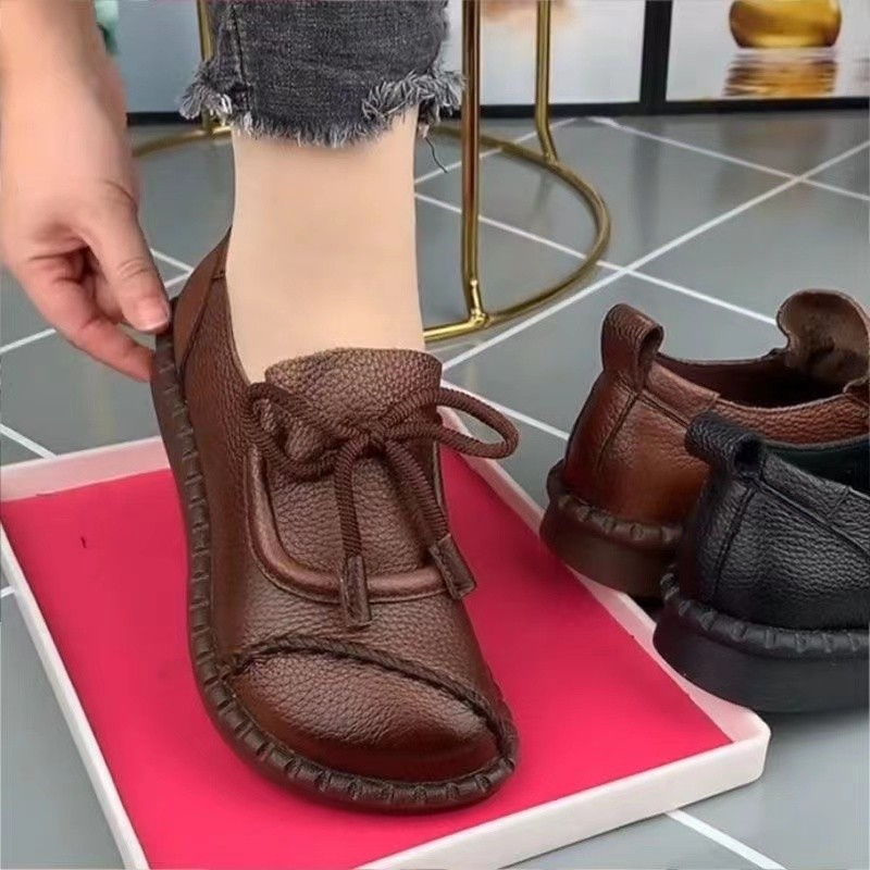Casual lace up Le Fu mom single shoe 2023 Spring and Autumn season soft sponge cake thick soled small leather shoes_voghion.com