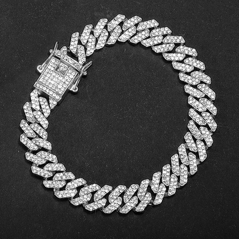 Bracciale a catena cubana con maglie cubane a griffe, stile hip hop, da uomo e da donna, con 2 file di strass, da 13 mm, ghiacciato, con pavé di Miami e rombi._voghion.com
