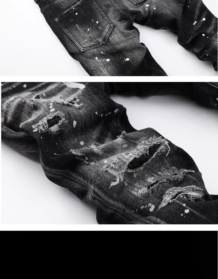 Men's Clothing Fashion Brand Washed Scratched Patches Paint Graffiti Stretch Slim Jeans_voghion.com