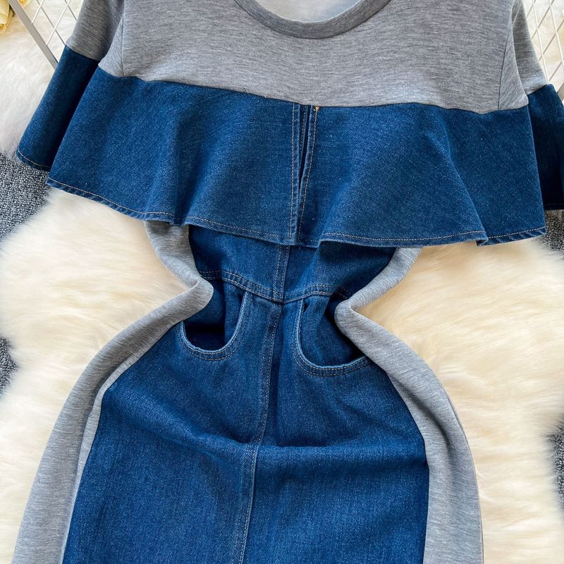 Nischen-High-End-Zweiteiler-Spleißen-Jeanskleid für Frauen Koreanische Version des Retro-Temperaments mit gerüschter Taille_voghion.com