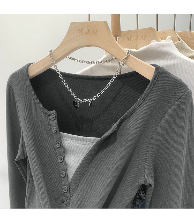 Bildkollisioun Faarf zwee laangärmlech T-Shirten fir Dammen Hierscht 2023 neien Design, Nisch V-Ausschnëtt kuerzen Top_voghion.com