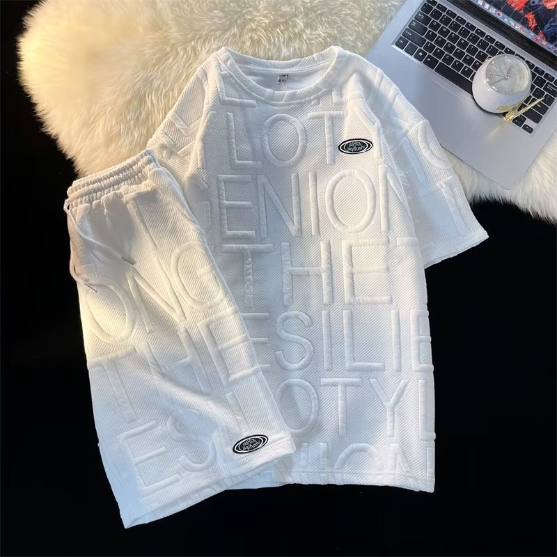 Herenkleding Zomerpak voor heren, trendy en veelzijdig, effen kleur, casual T-shirt met korte mouwen, wafeltop_voghion.com