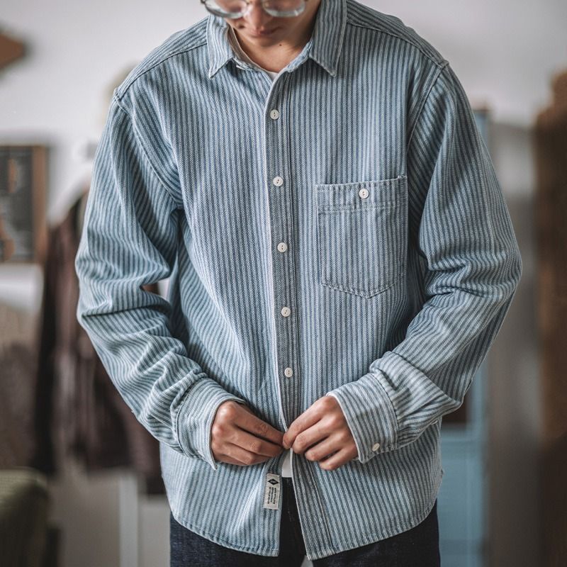 Neue retro vertikale kragen arbeitskleidung denim hemd männer gestreiften lose tasche hemd herbst_voghion.com